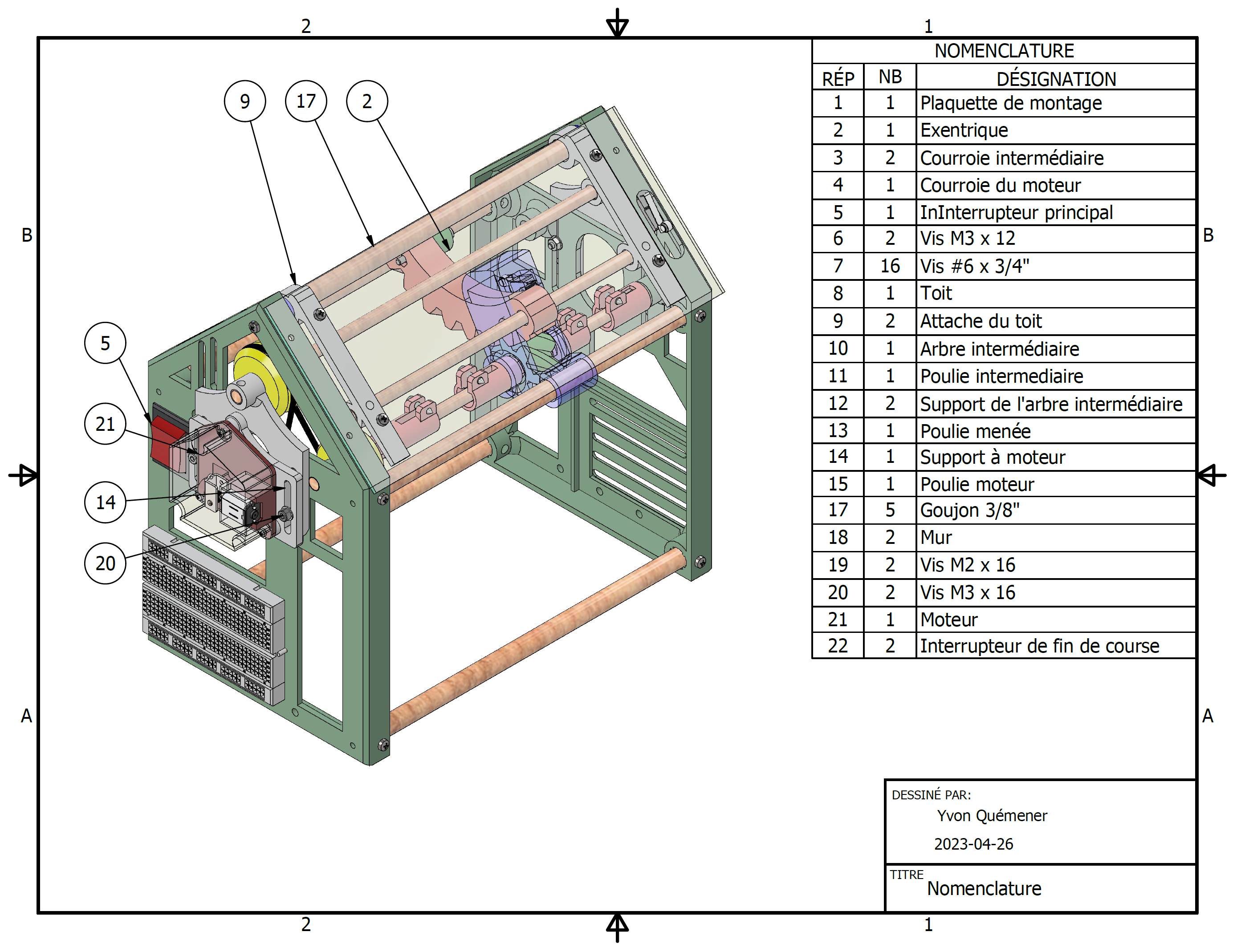 Serre automatisée et nomenclature 1 à 22 - vue côté moteur