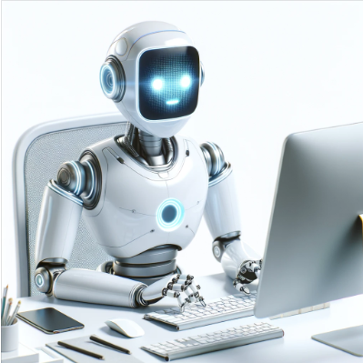 An anthropomorphized, friendly AI robot sitting at a desk, with a white background. The robot is sleek and modern, resembling